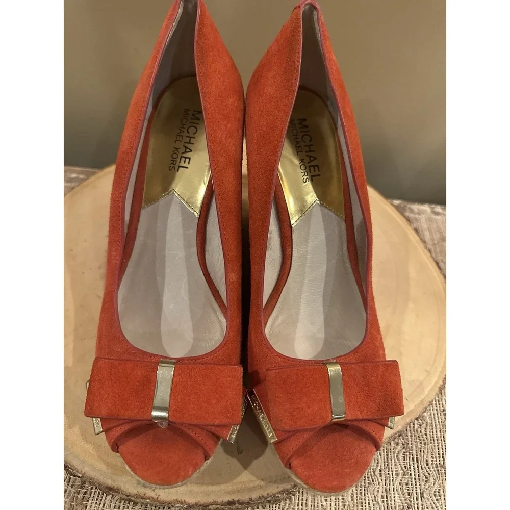 Michael Kors Bow Wedges Orange Slip On Espadrille Heels Size 8.5M Peep Toe Shoes